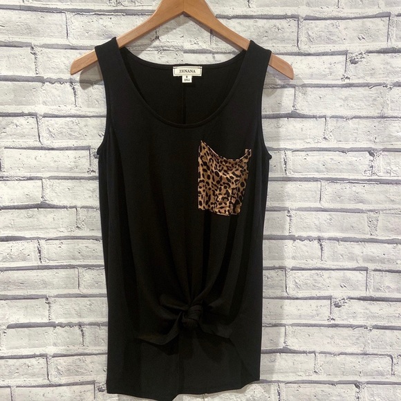 Zenana Outfitters Tops - Black Leopard Pocket Tank Top Shirt Tie or Untied